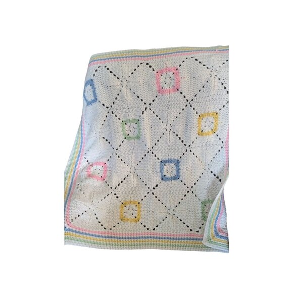 Handmade Crochet Baby Blanket Pastel Squares White  Color Accents  32.5 c 32 - Picture 2 of 8